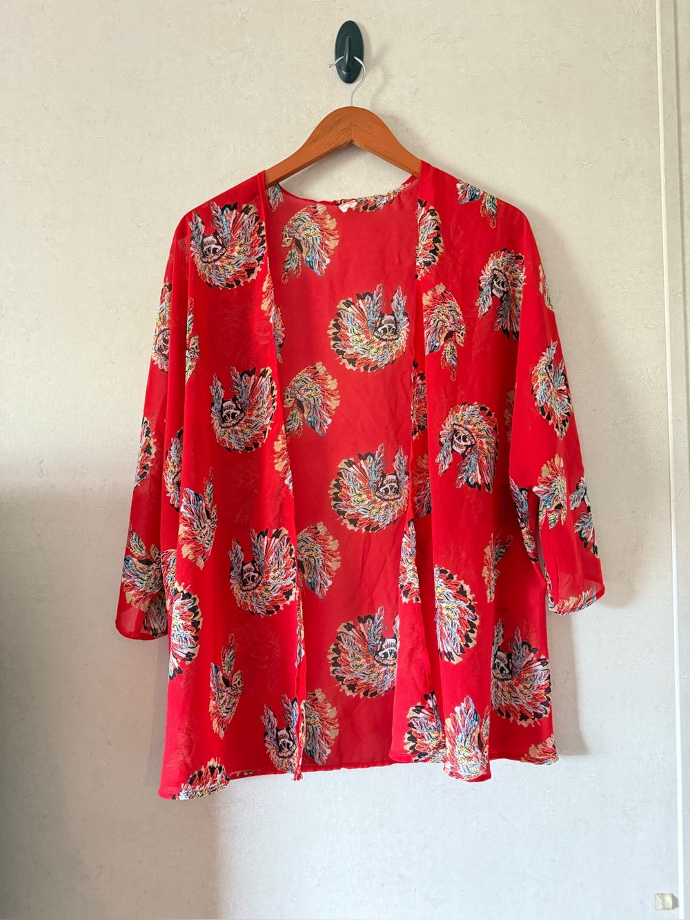Red Boho Skull Feather Kimono Top | Sheer Lightweight Blouse | Size L (No Tag)